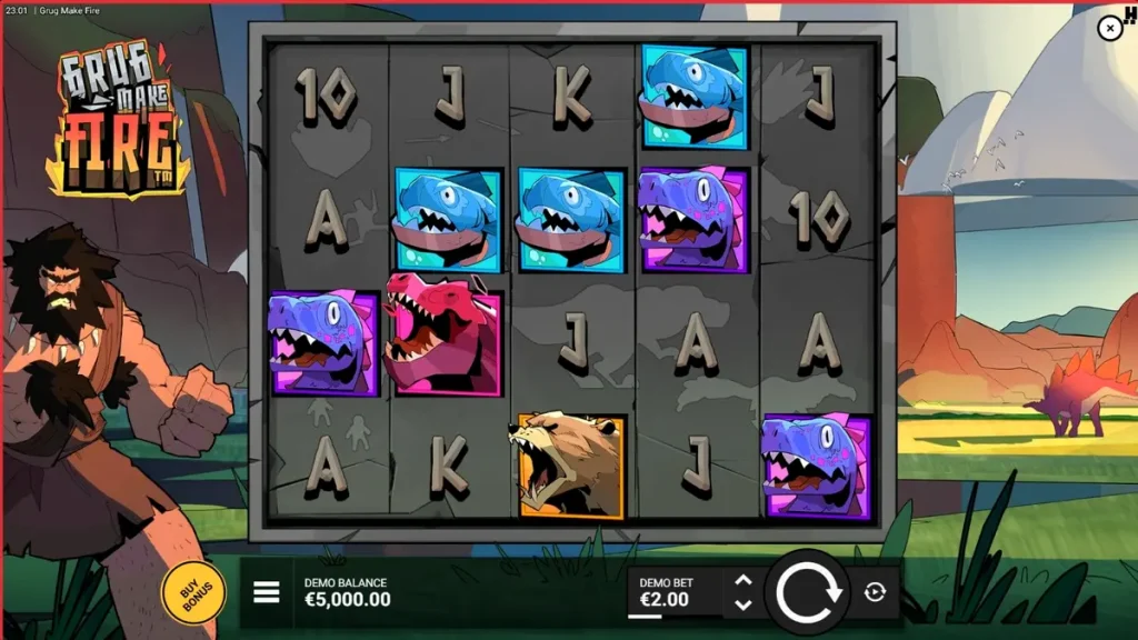 Grug Make Fire slot machine display featuring prehistoric caveman theme