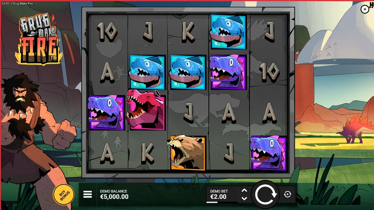 Grug Make Fire slot machine display featuring prehistoric caveman theme