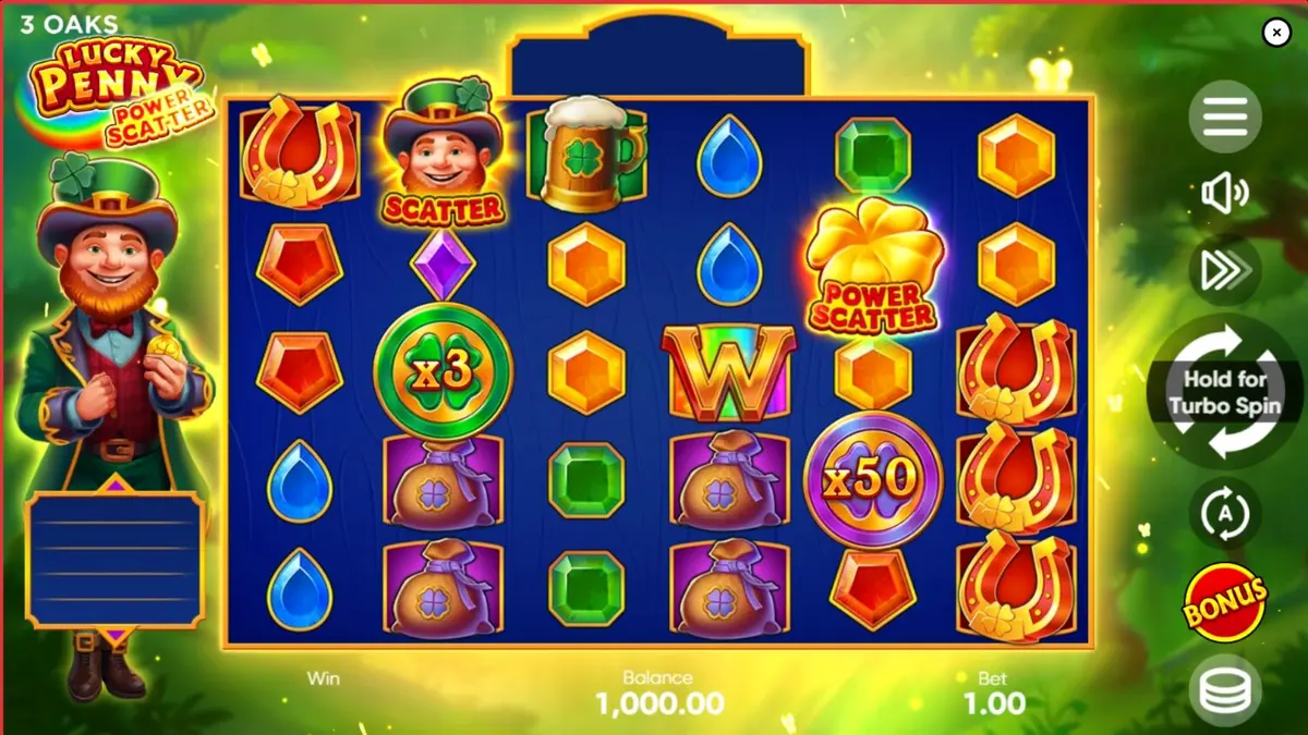 Interface do jogo Lucky Penny Power Scatter com o duende e símbolos irlandeses