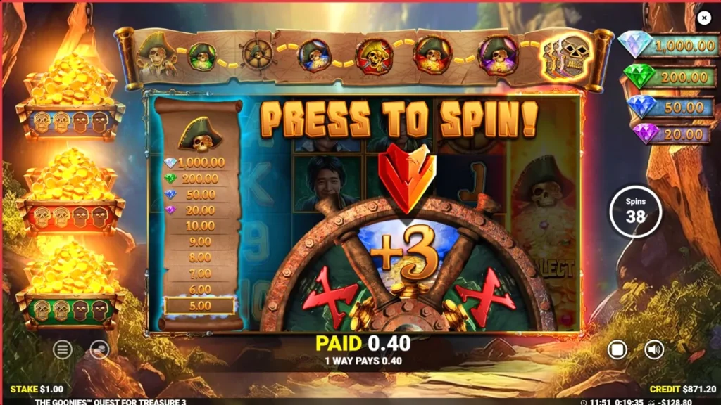 Interface do slot The Goonies Quest for Treasure 3 em um smartphone